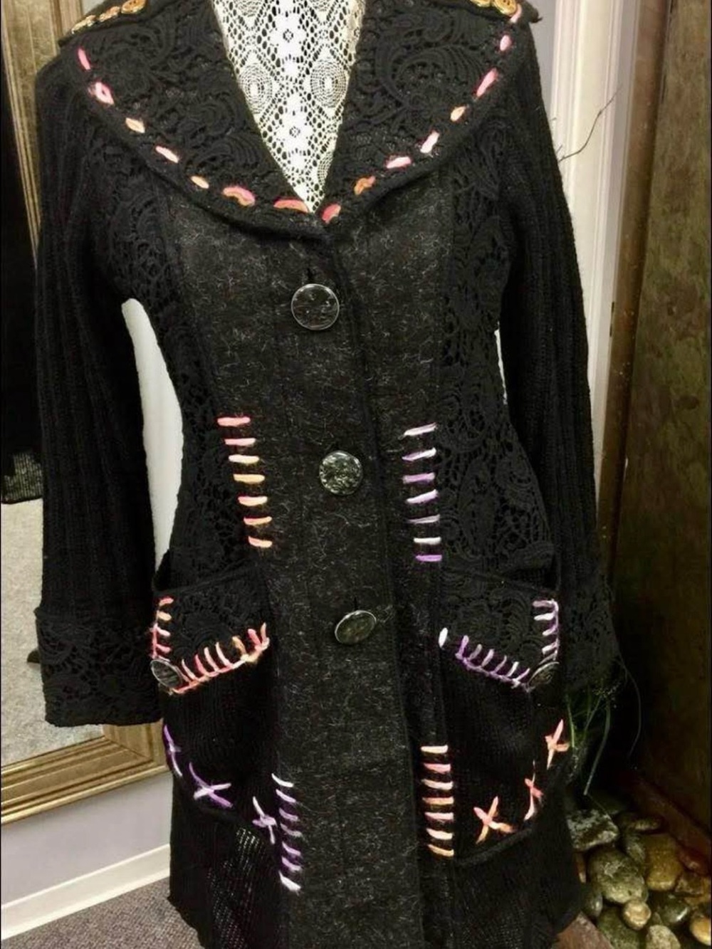 Black Embroidered Long Women's Cardigan Coat with Unique Stitching.